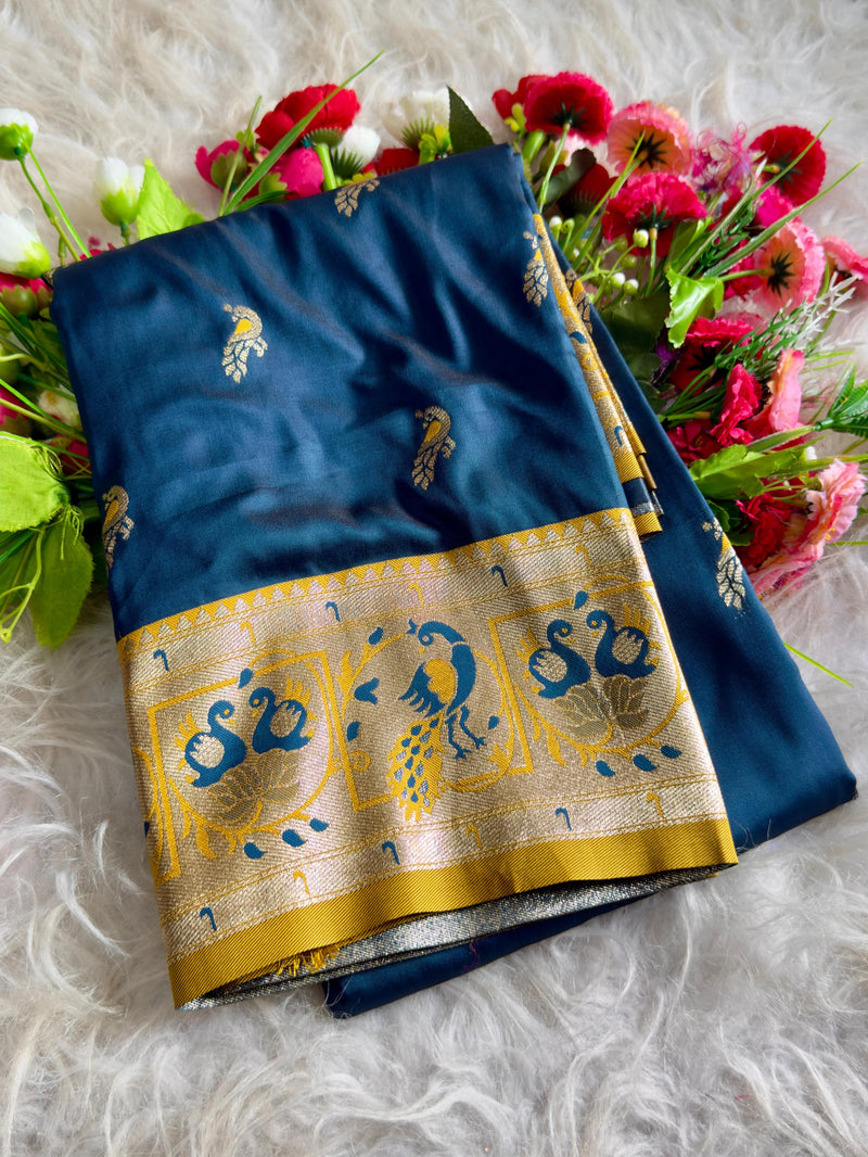 Navy Blue Silk Saree with Golden Zari Border & Peacock Motifs