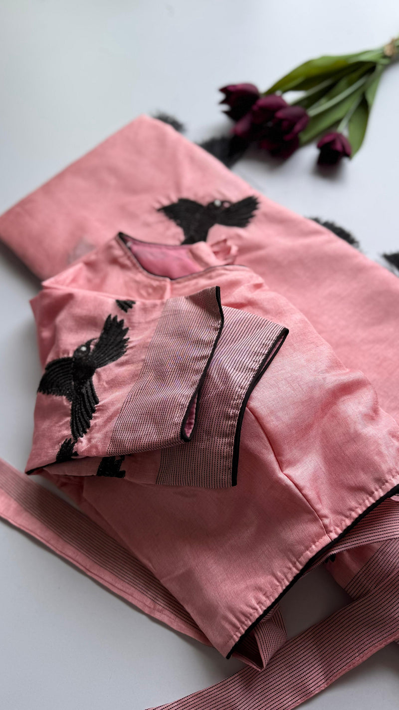 Pink Silk Blend Saree with Black Bird Embroidery & Tassels