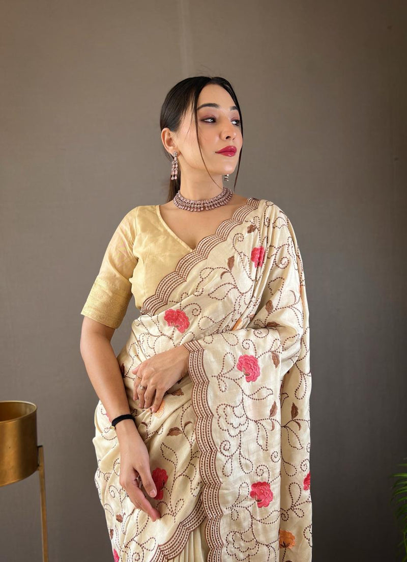 Ivory Floral Embroidered Linen Saree with Scallop Border