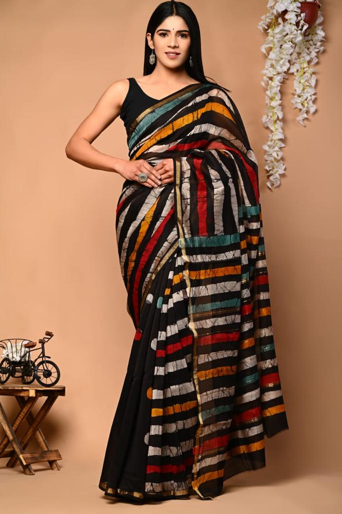 Black Multicolor Striped Saree