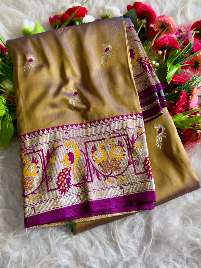 Golden Silk Saree with Purple Zari Border & Bird Motifs