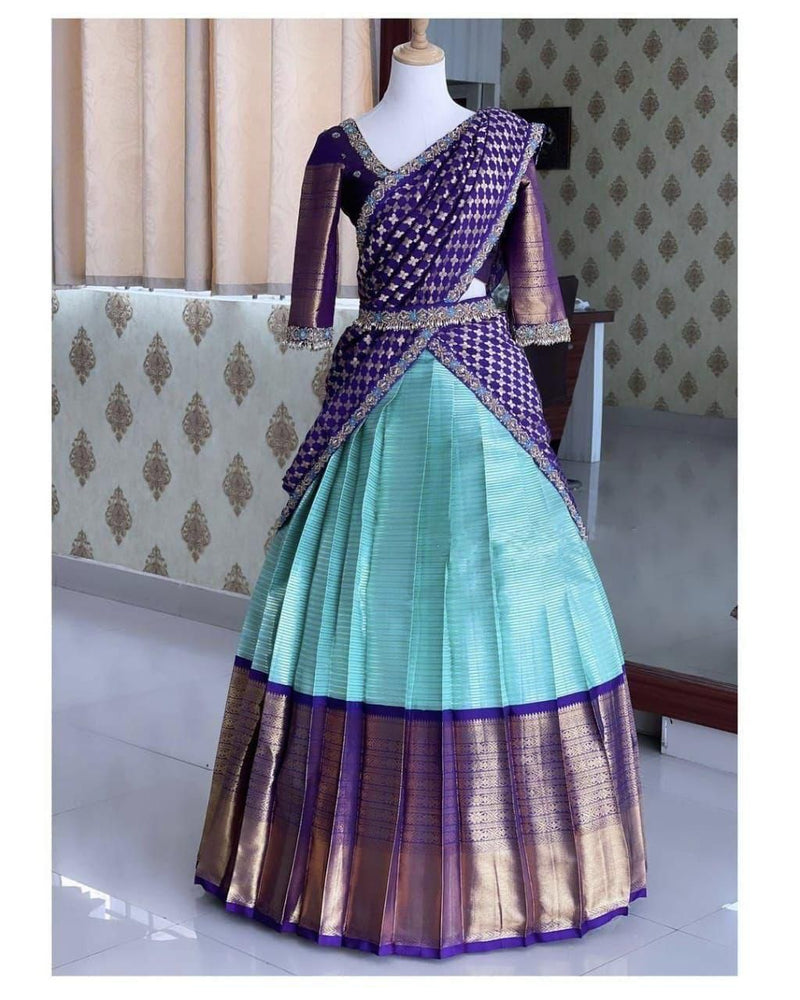 Royal Purple & Aqua Blue Kanjivaram Silk Half Saree with Embellished Blouse