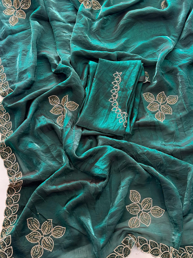 Emerald Green Silk Blend Saree with Golden Embroidered Leaf Motifs