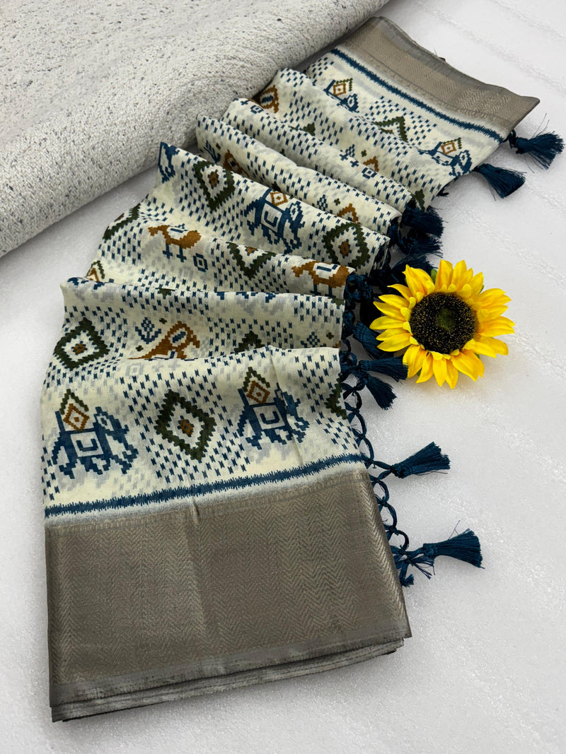 Ivory Ikat Silk Saree with Grey Border & Elephant-Bird Motifs