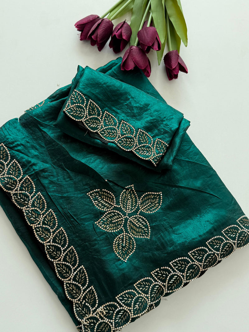 Teal Green Embroidered Suit Set with Golden Leaf Motifs