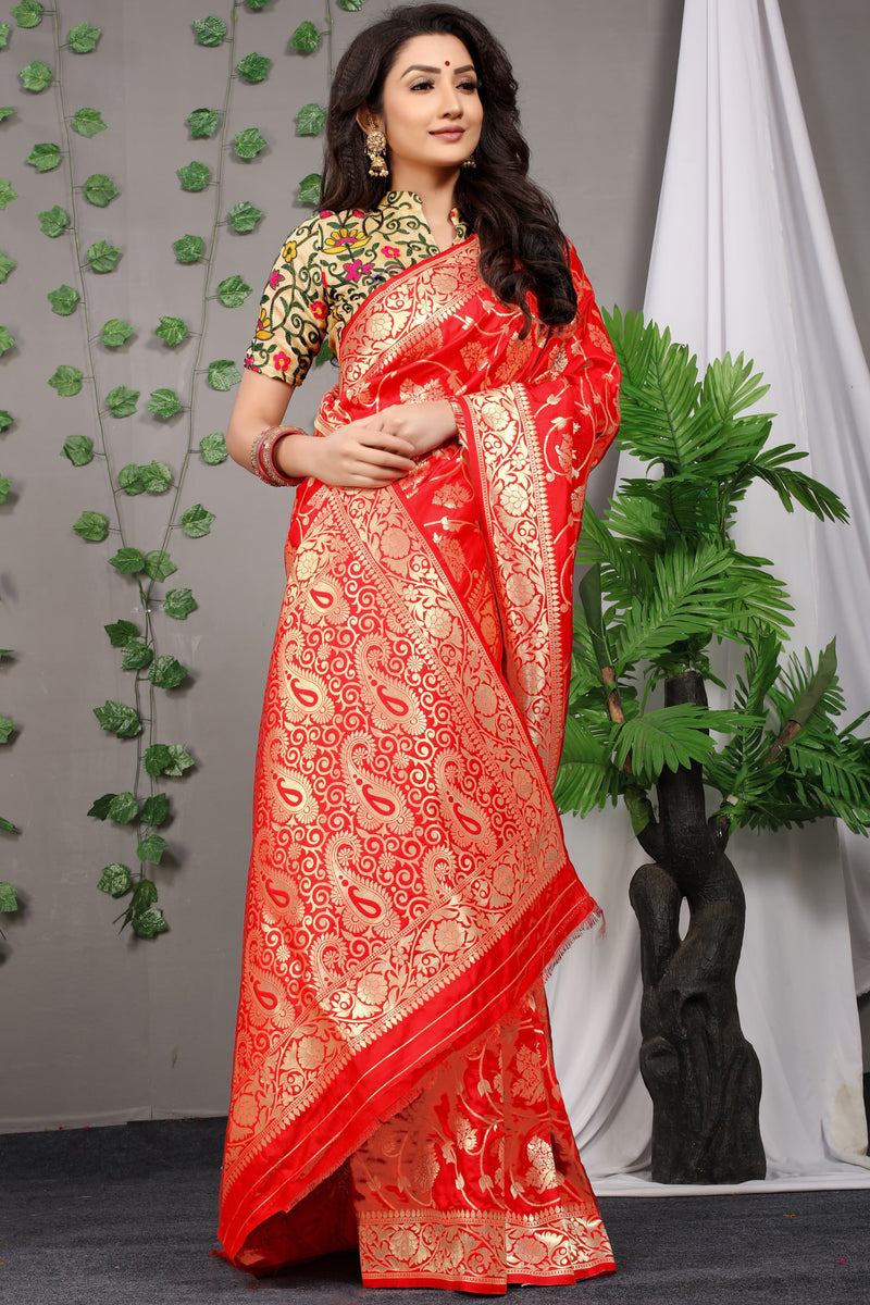 Red Banarasi Silk Saree with Rich Golden Zari Work