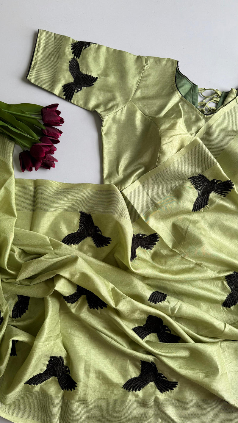 Pastel Green Silk Blend Saree with Black Bird Embroidery & Matching Blouse