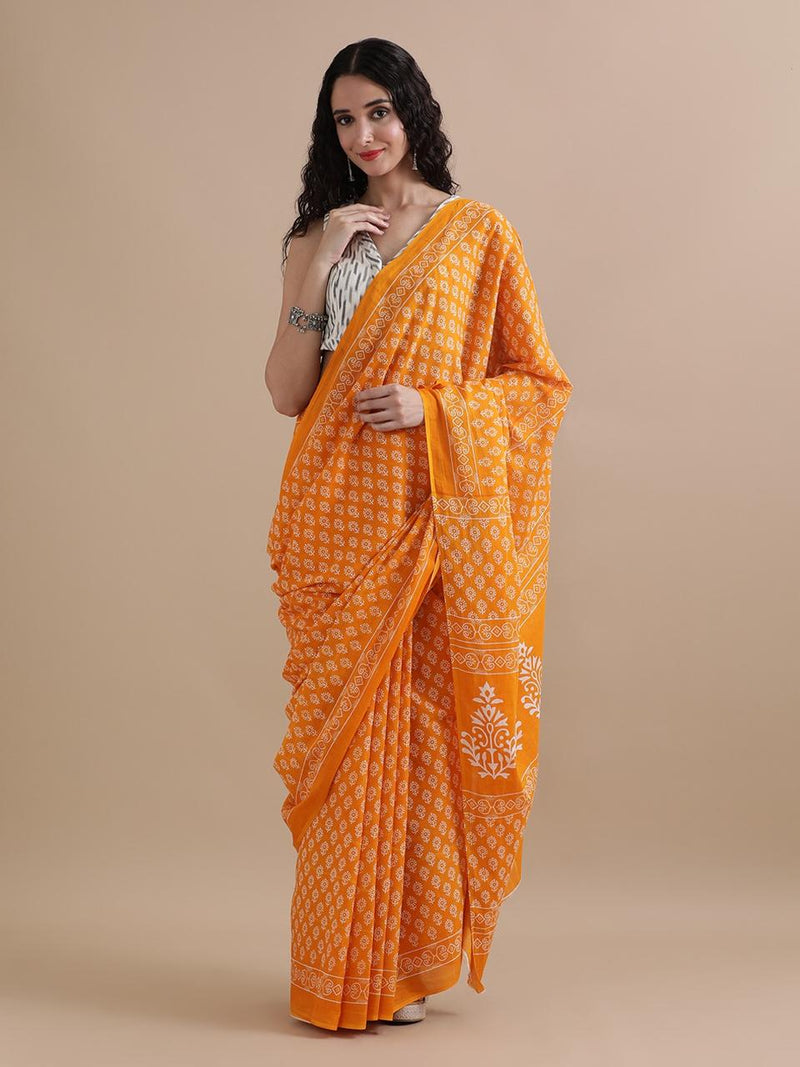 Bright Mustard Yellow Cotton Saree with White Handblock Prints
