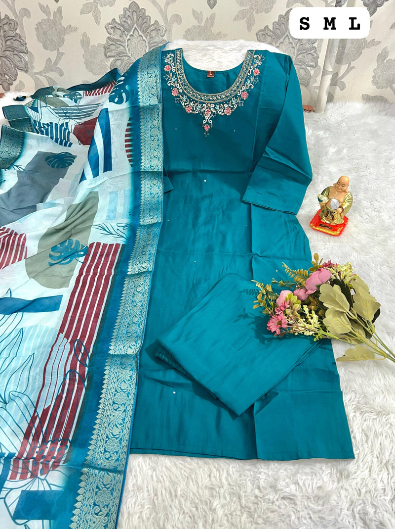 Teal Blue Embroidered Kurti Set with Contrast Printed Dupatta