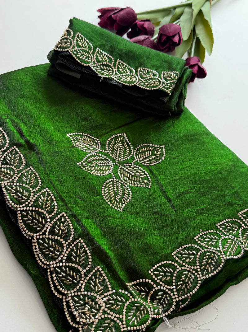 Radiant Green Embroidered Saree with Golden Leaf Detailing