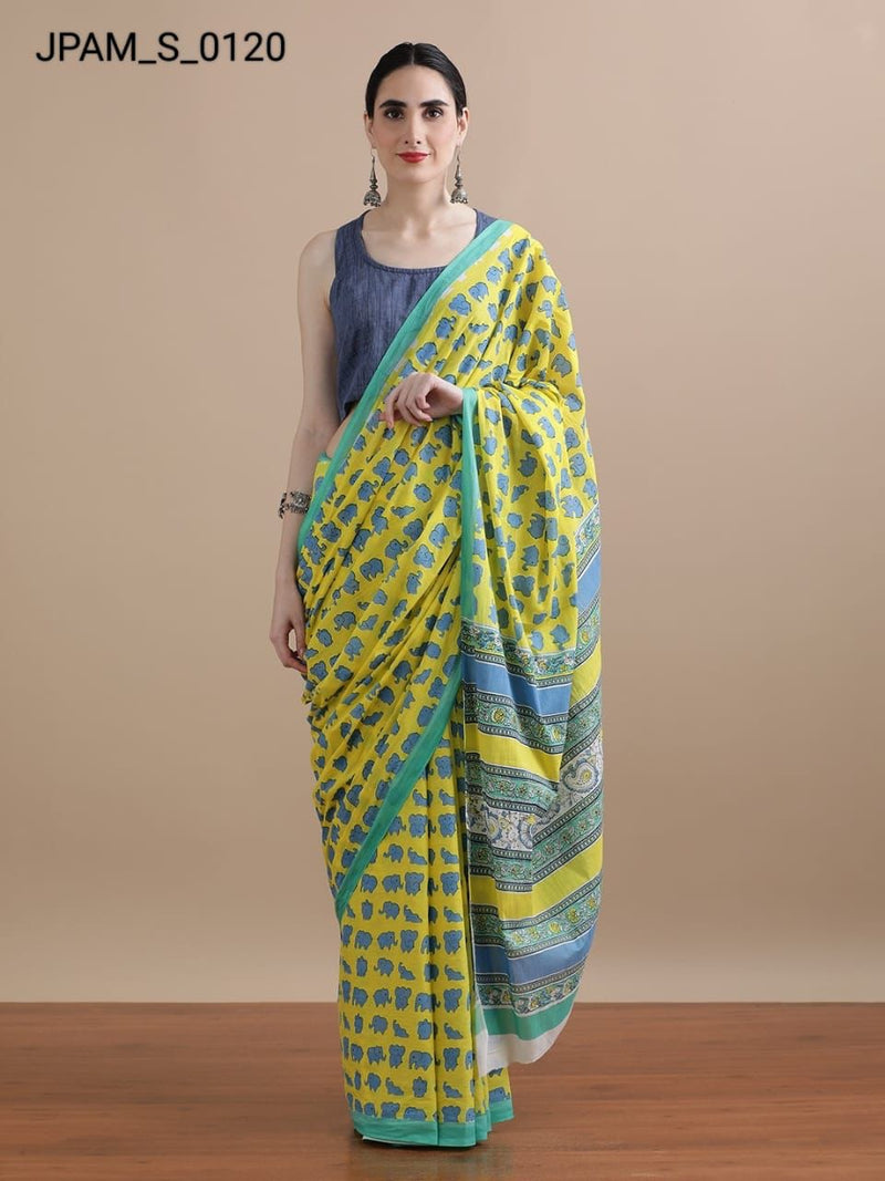 Yellow & Blue Elephant Print Cotton Saree