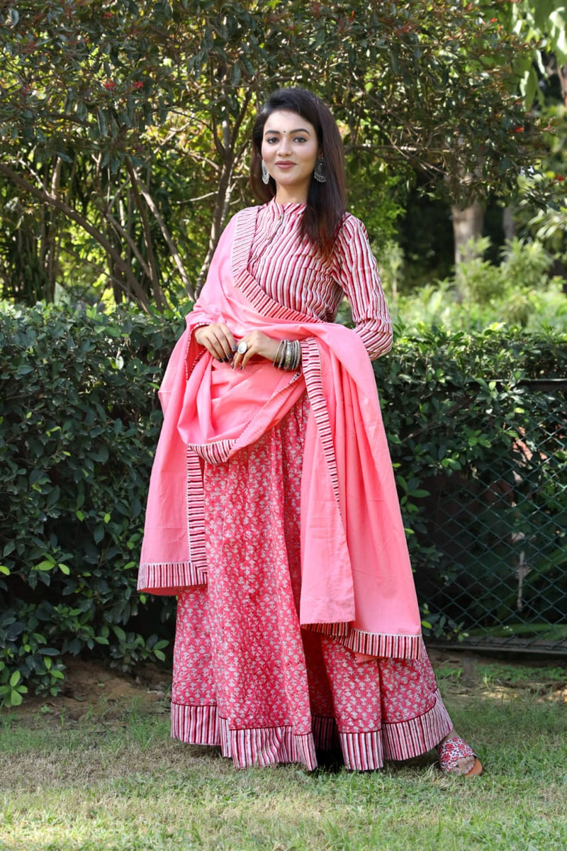 Pink Hand Block Printed Kurti Skirt Dupatta Set
