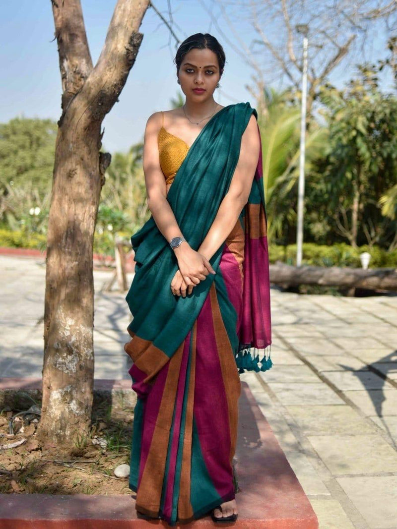 Teal & Wine Dual-Tone Handloom Cotton Saree