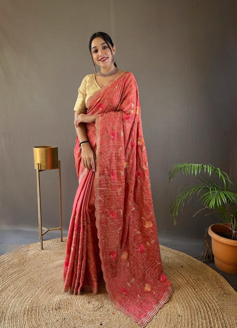 Coral Peach Floral Embroidered Linen Saree