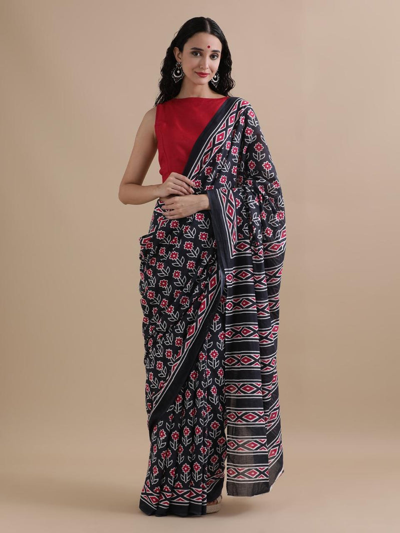 Black & Red Handblock Cotton Saree – Bold Elegance Redefined