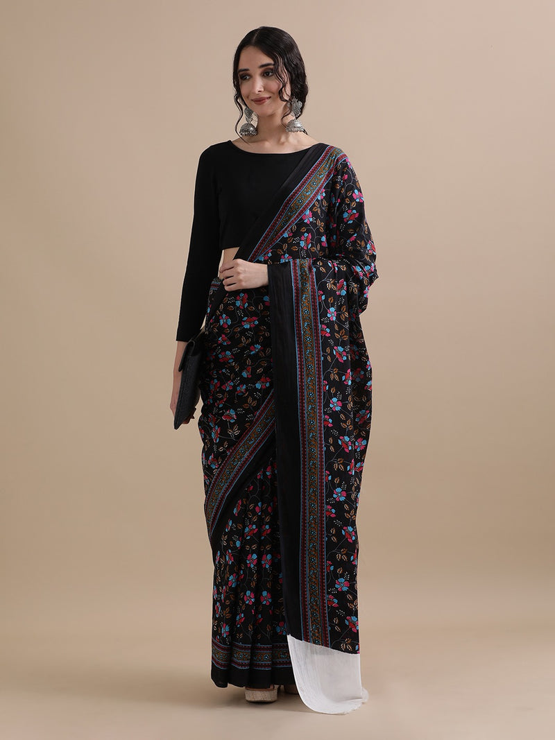 Black Multicolor Floral Print Cotton Saree – Elegant Blooms