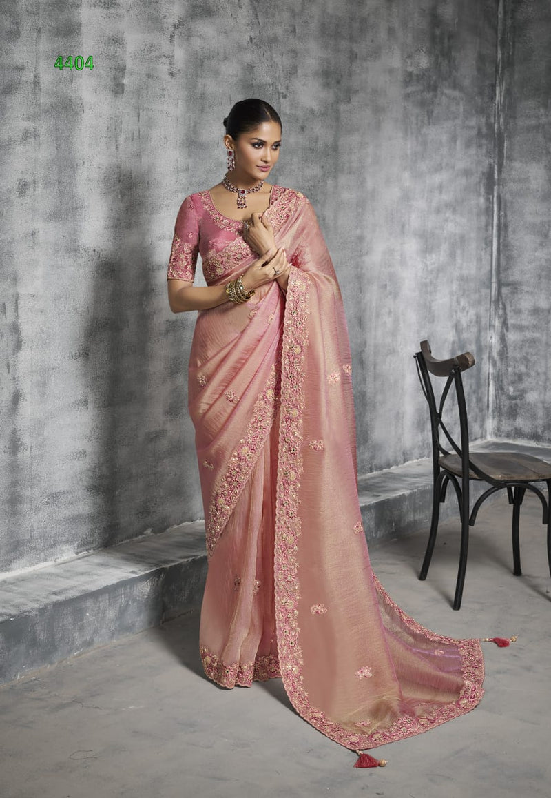 Blush Pink Designer Embroidered Satin Saree