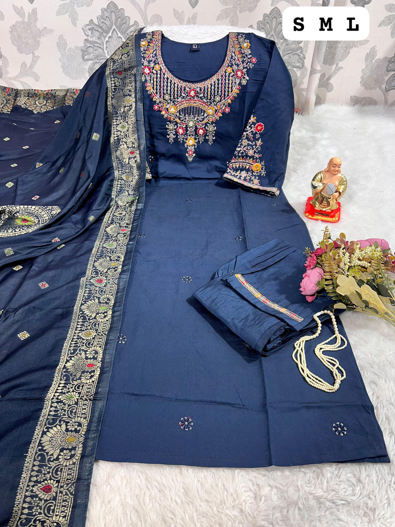 Navy Blue Heavy Embroidered Kurti Set with Zari Dupatta