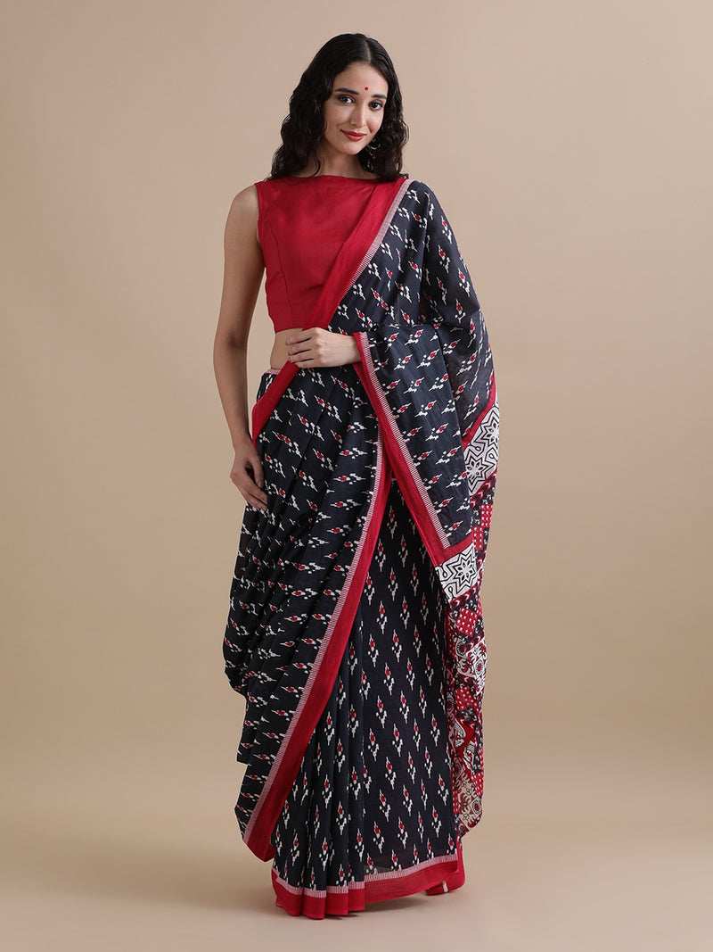 Black & Red Ikat Print Cotton Saree – Bold & Elegant Choice