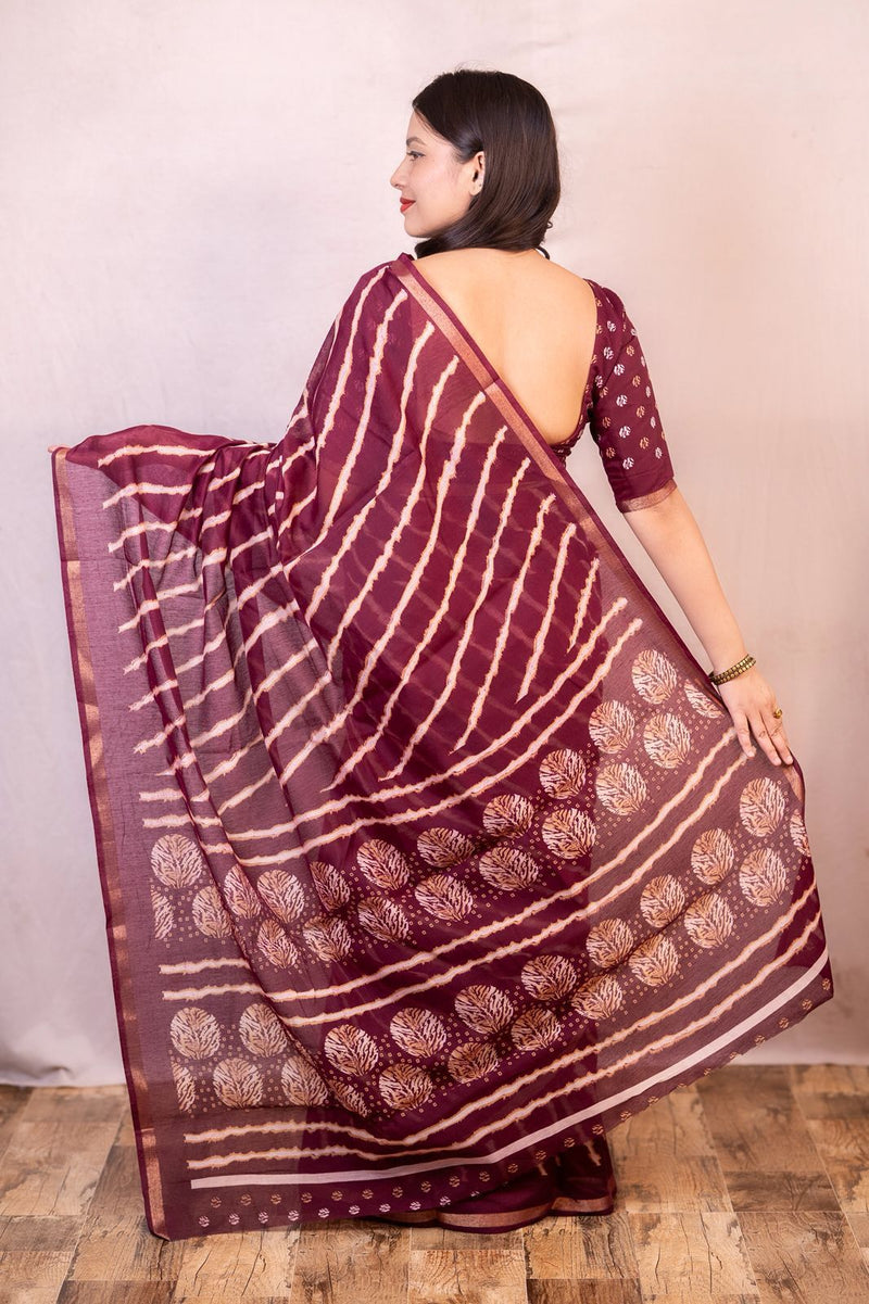 Wine Handcrafted Bandhani Silk Saree with Circular Motifs
