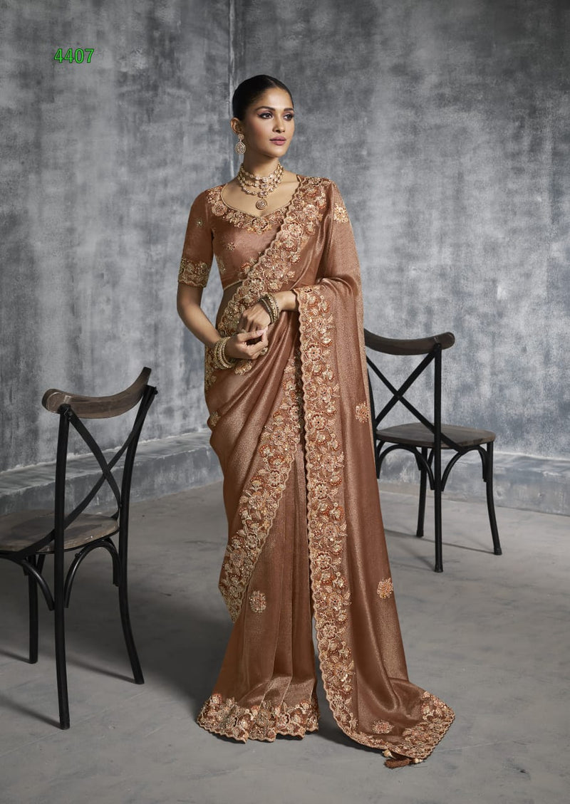 Bronze Designer Embroidered Satin Saree