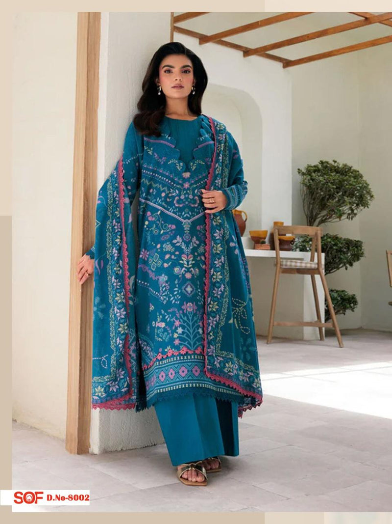 Teal Blue Printed Cotton Kurti Set with Intricate Floral Detailing & Dupatta