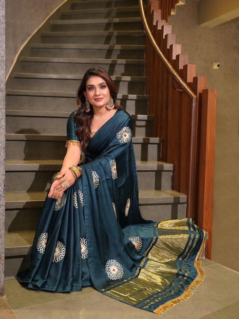 Teal Blue Silk Saree with Golden Border & Embroidered Motifs