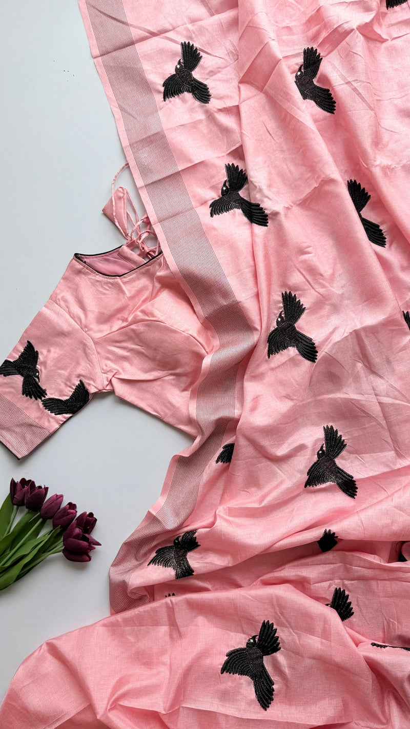 Pink Silk Blend Saree with Black Bird Embroidery & Designer Blouse