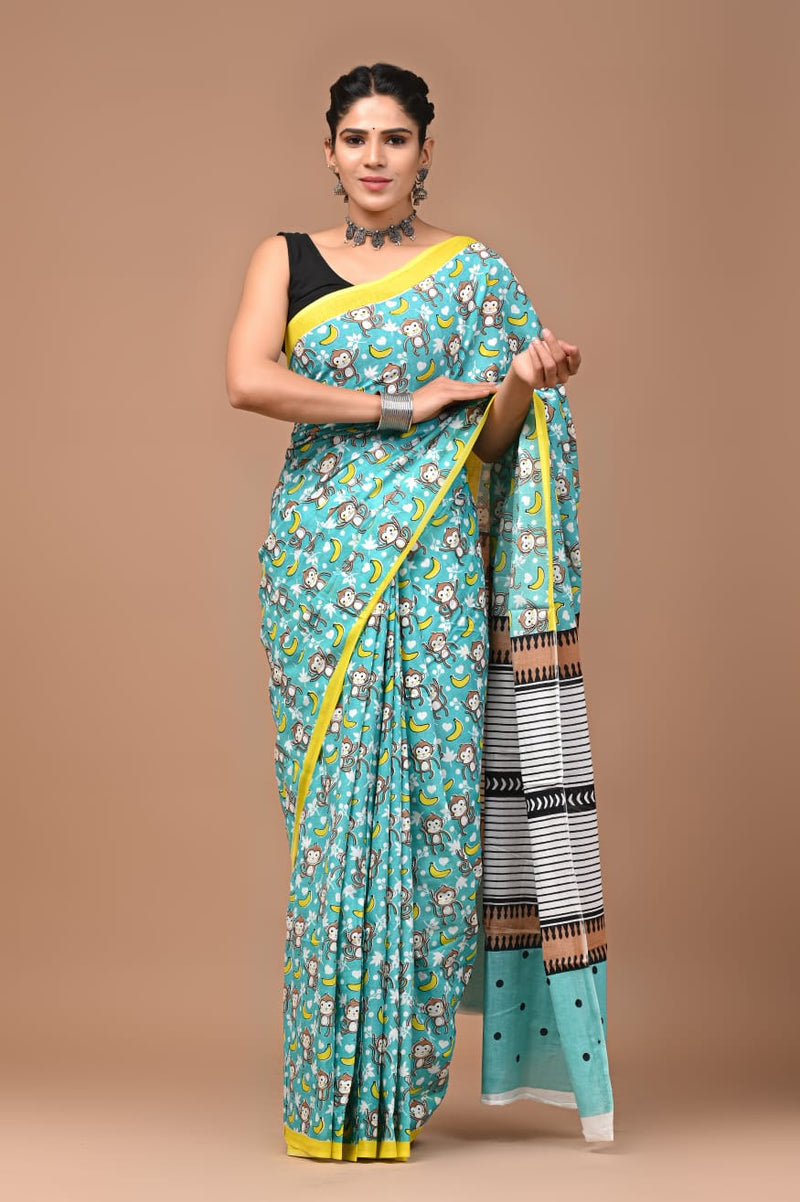 Aqua Blue Cartoon Print Cotton Saree – Playful Monkeys & Bananas