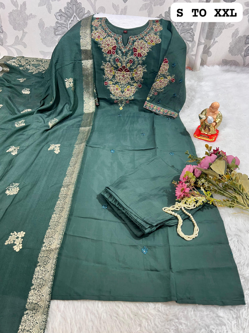 Emerald Green Heavy Embroidered Kurti Set with Zari Dupatta