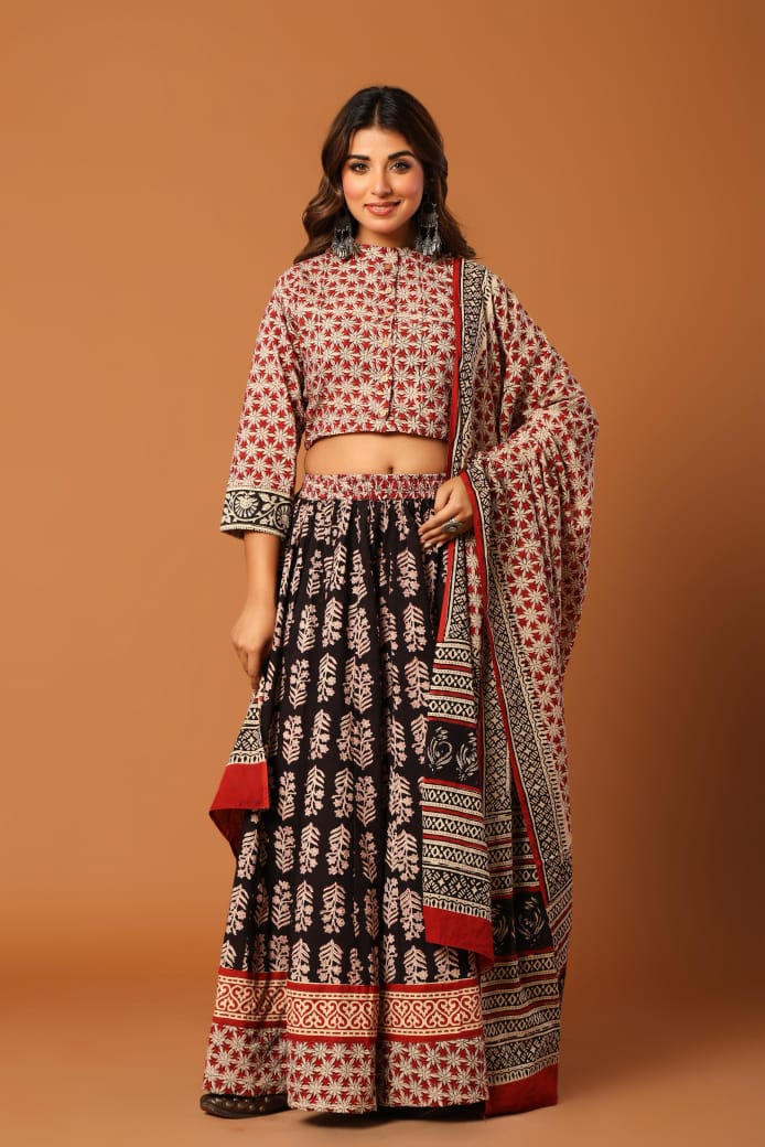 Red & Black Hand Block Printed Kurti Skirt Dupatta