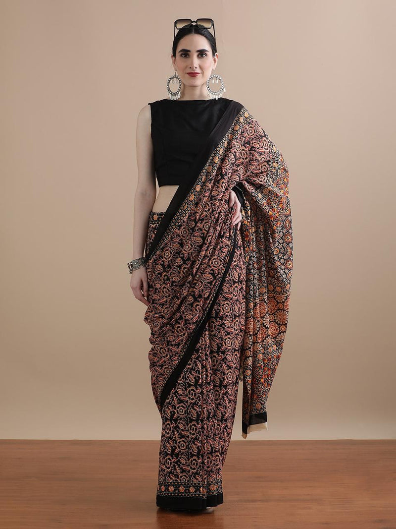 Black Ajrakh Print Cotton Saree – Timeless Handcrafted Beauty