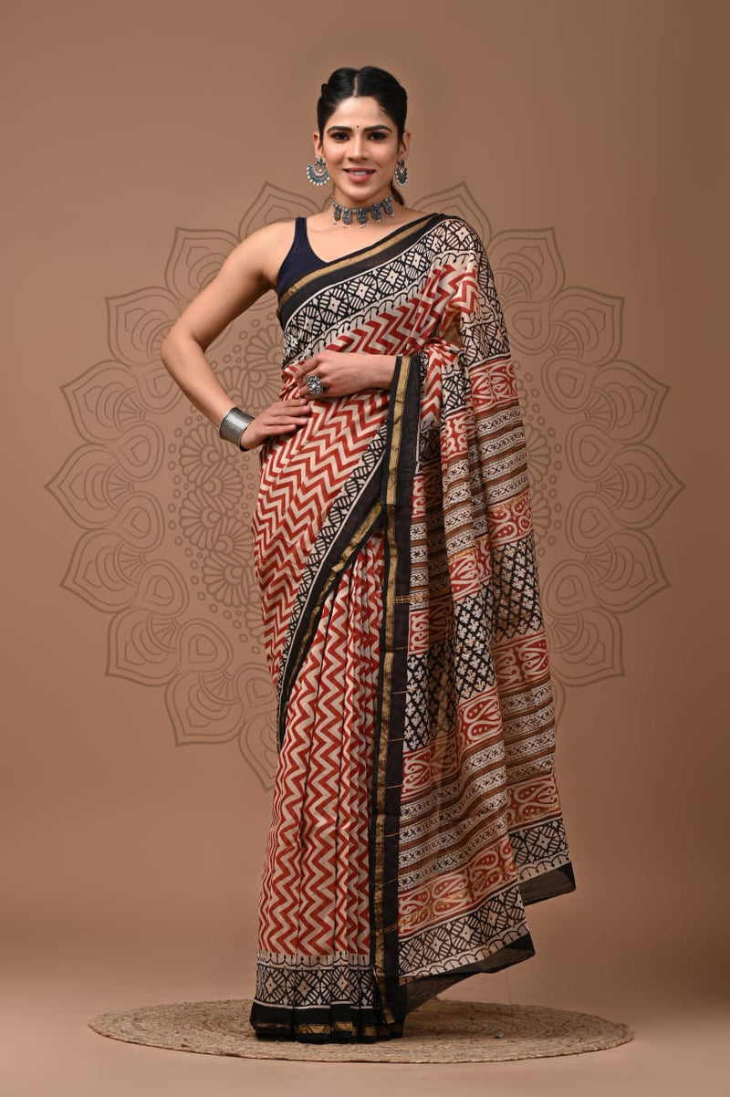 Rust Red & Black Geometric Print Saree