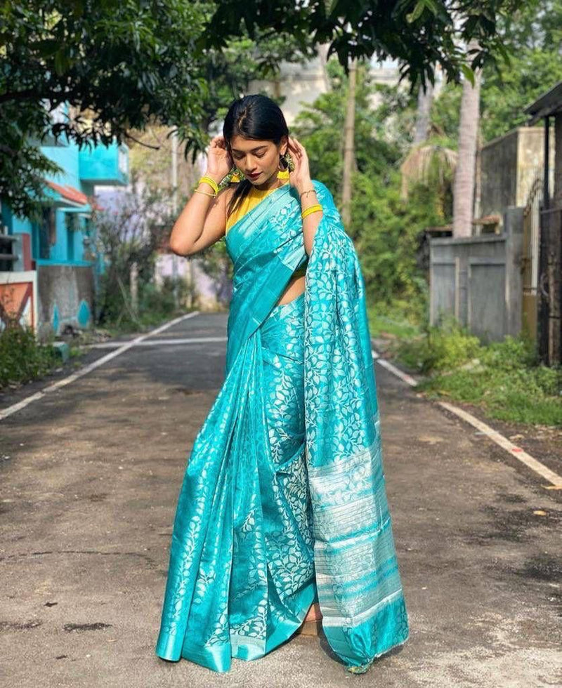 Aqua Blue Banarasi Silk Saree with Silver Zari Floral Weave