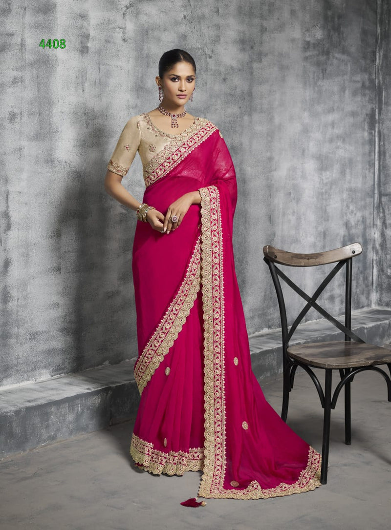 Fuchsia Pink Designer Embroidered Georgette Saree