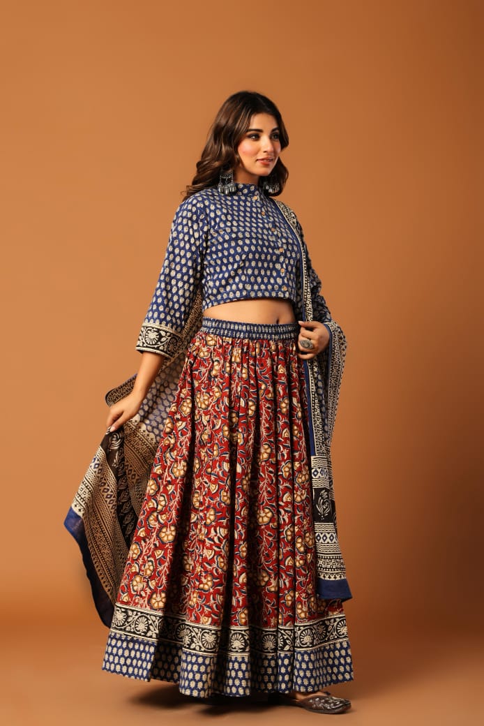 Blue & Red Ajrakh Hand Block Printed Ethnic Set