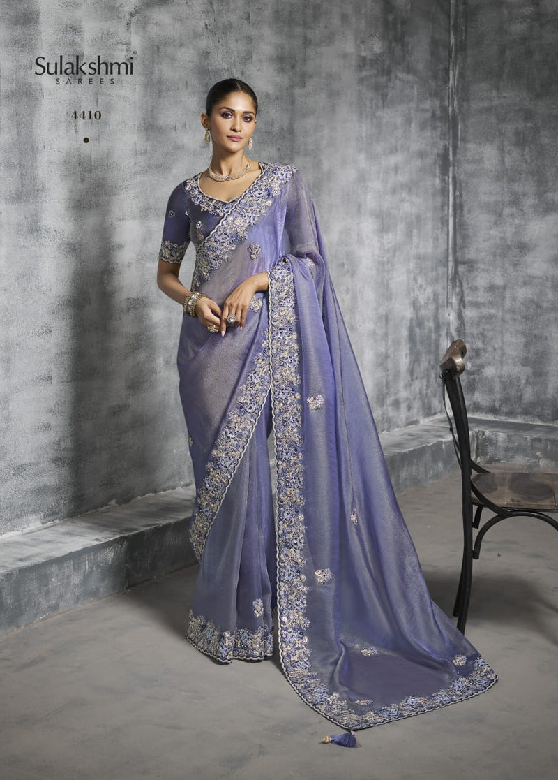 Lavender Blue Embroidered Designer Saree