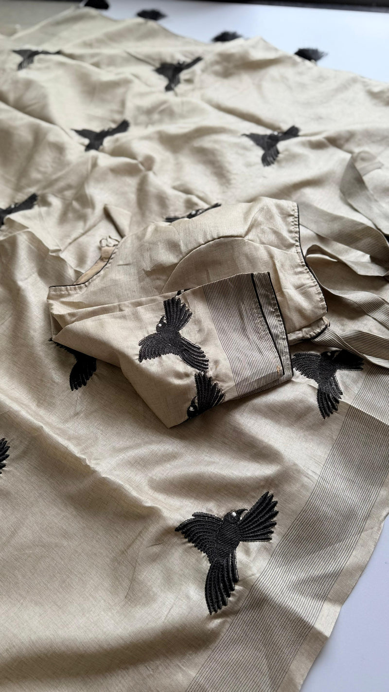 Beige Silk Blend Saree with Black Bird Embroidery & Matching Blouse