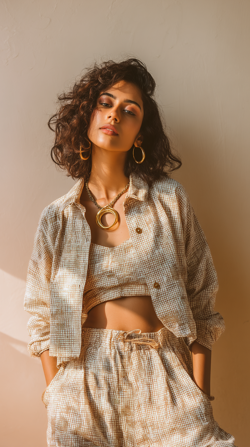 Women's Co-ords - Beige Checked Cotton Blend