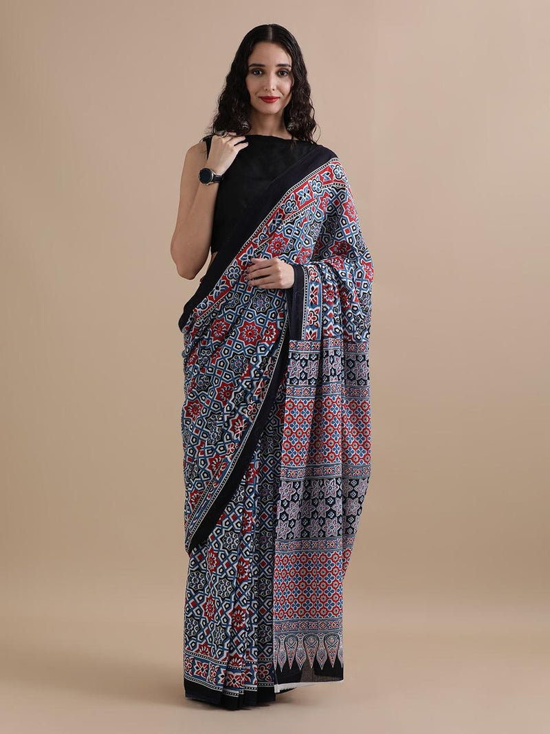 Black Ajrakh Print Cotton Saree with Red-Blue Motifs