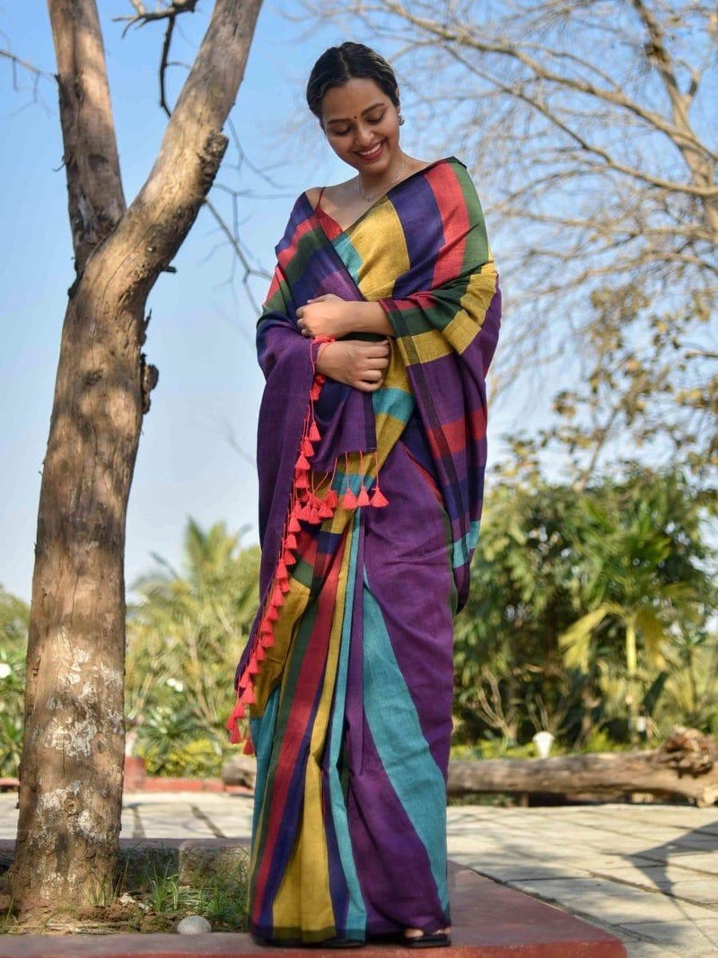 Multicolor Striped Handloom Cotton Saree with Tassels