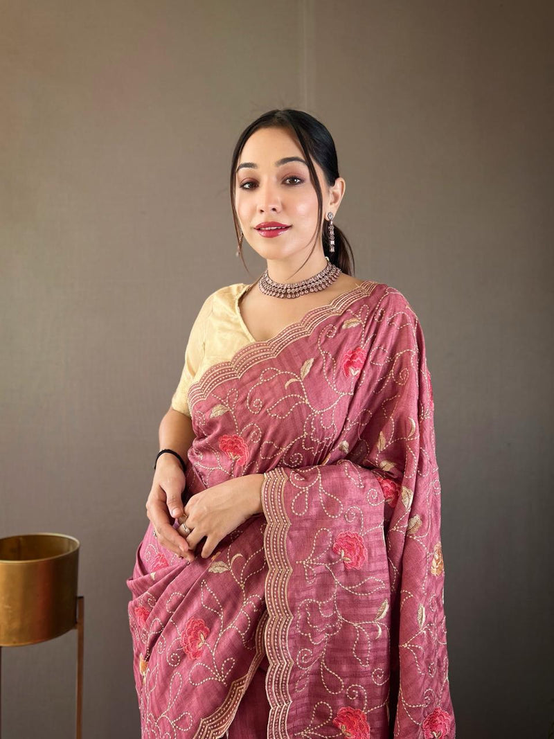 Dusty Rose Embroidered Linen Saree with Scalloped Border