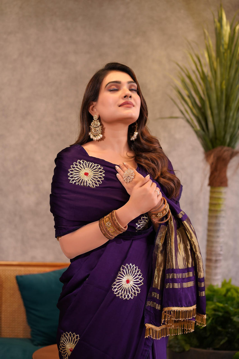 Royal Purple Silk Saree with Golden Border & Embroidered Motifs
