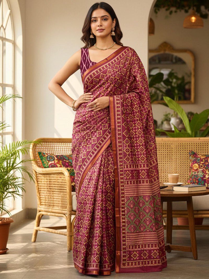 Maroon Ajrakh Print Cotton Saree with Traditional Motif Detailing