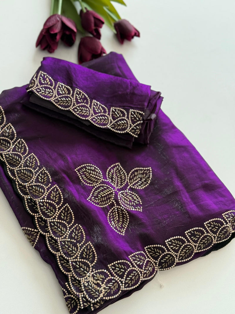 Royal Purple Embroidered Suit Set with Golden Leaf Detailing