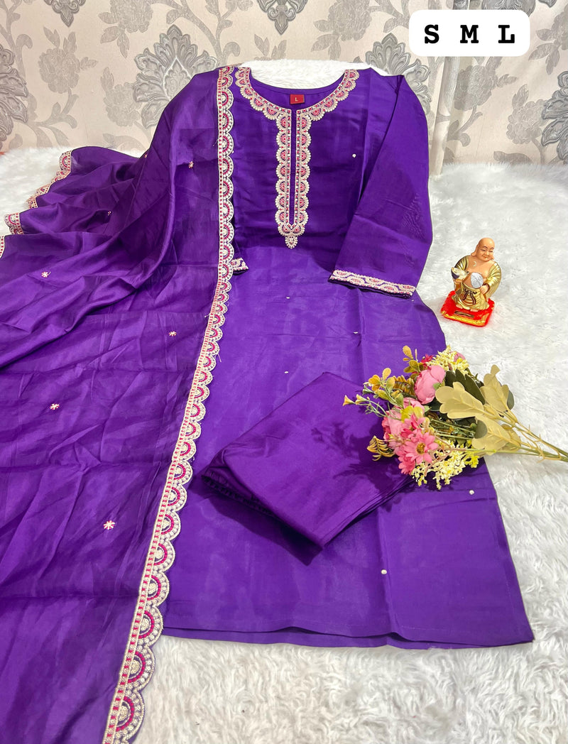Royal Purple Embroidered Kurti Set with Scalloped Dupatta