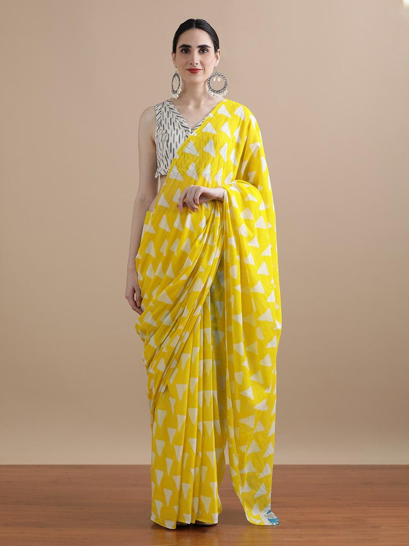 Yellow Geometric Print Cotton Saree
