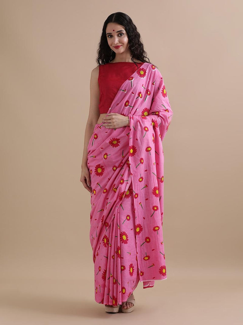 Pink Floral Printed Cotton Saree for a Refreshing Everyday Look