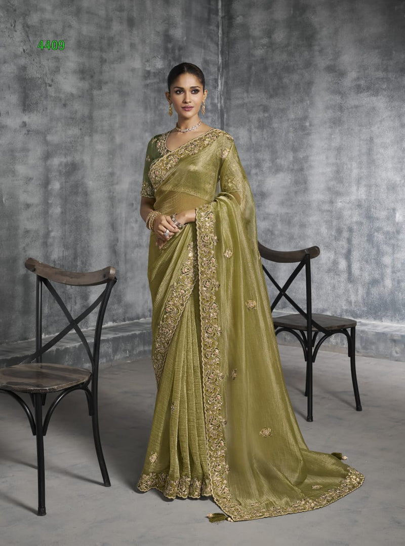Olive Green Designer Embroidered Saree