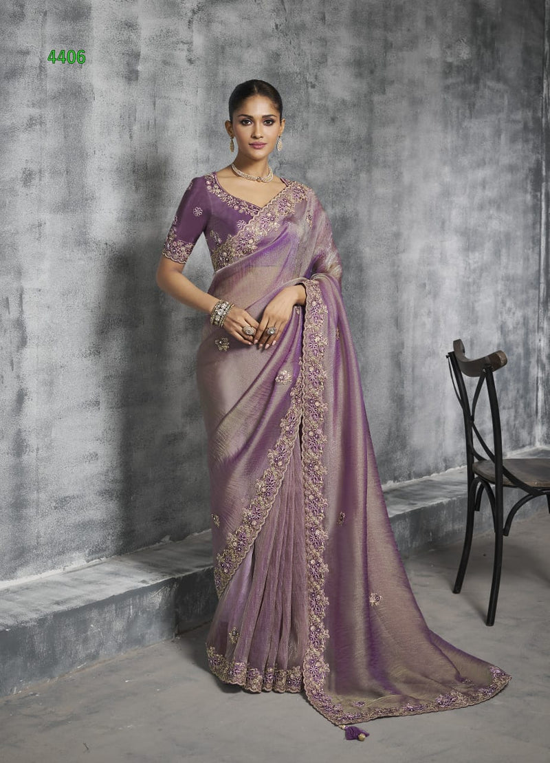 Lavender Purple Designer Embroidered Saree